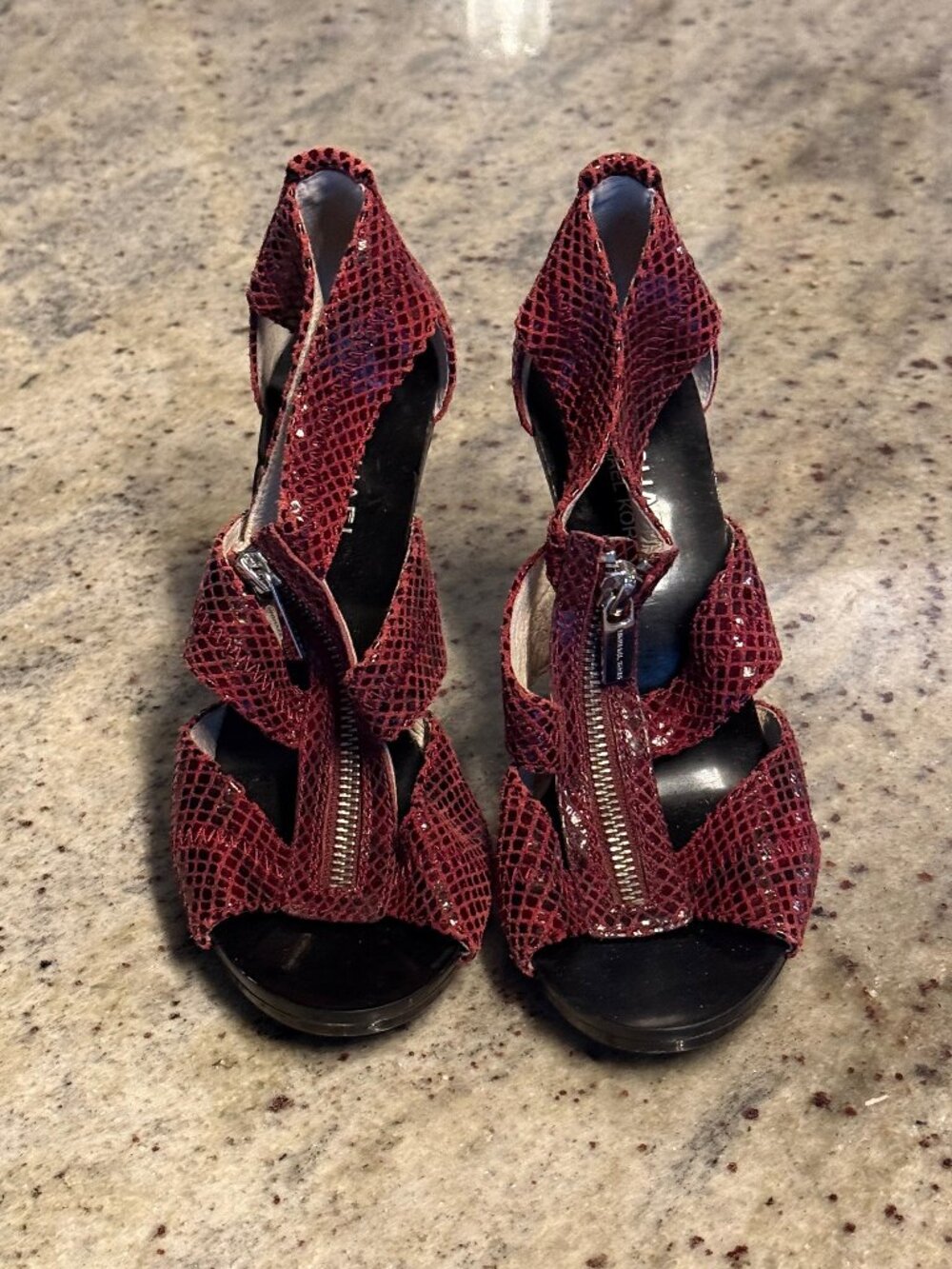 Michael Kors Burgundy Snakeskin Embossed Leather Zip Front Heels Women's 6